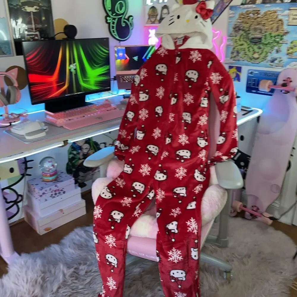 Hello Kitty Christmas Pajamas Hooded One Piece Red Jumpsuit Small S 2023 Sanrio